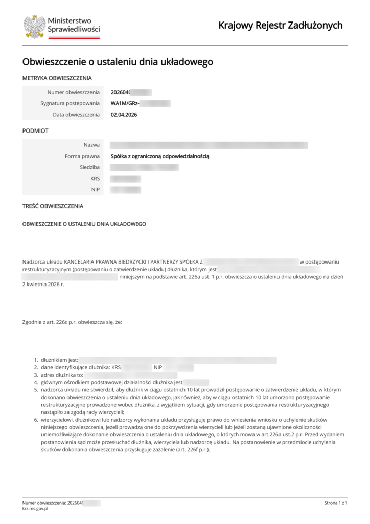 obwieszczenie o dniu układowym - restrukturyzacja
